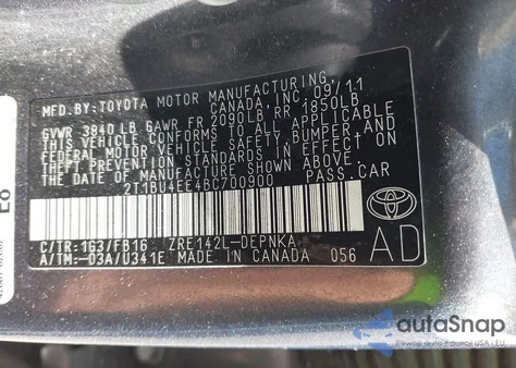 2011 Toyota Corolla S/Le from USA, damaged, VIN 2T1BU4EE4BC700900